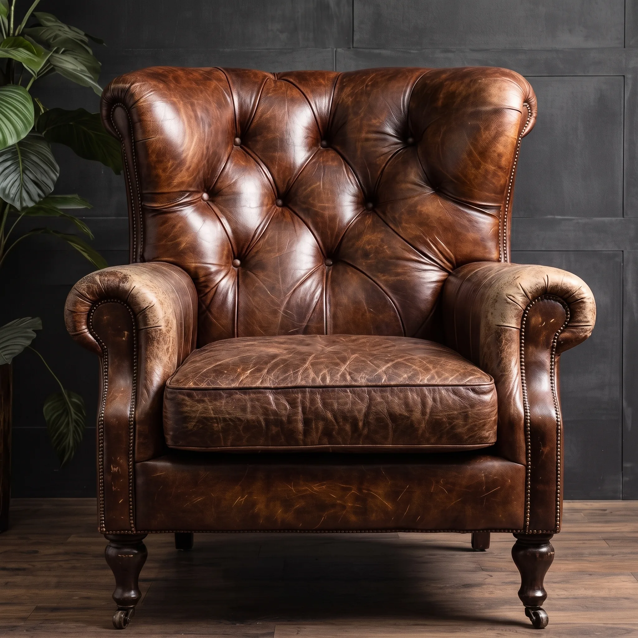 Sun-faded chestnut leather wing chair before restoration